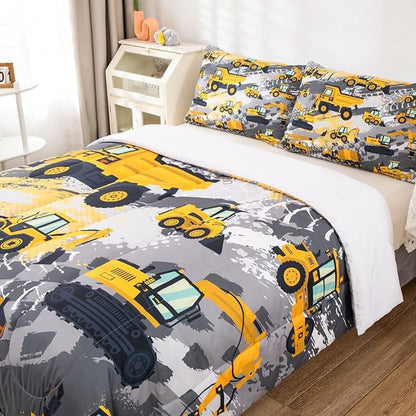 Feelyou Kids Construction Comforter Set Queen Size Bedding Sets for Boys Toddler Children Cartoon Excavator Tractor Comforter Set Construction Machinery Truck Duvet Set Baby Boys Vehicles Cars Bed Set