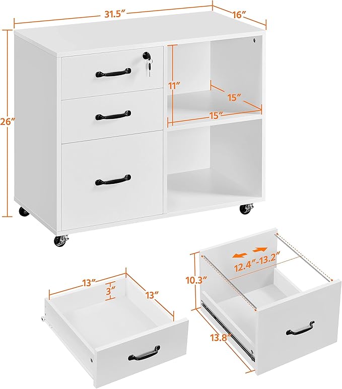 Yaheetech File Cabinet Mobile Letter Size File Organization Unit Mobile Lateral Filing Cabinet Printer Stand for Home and Office,White