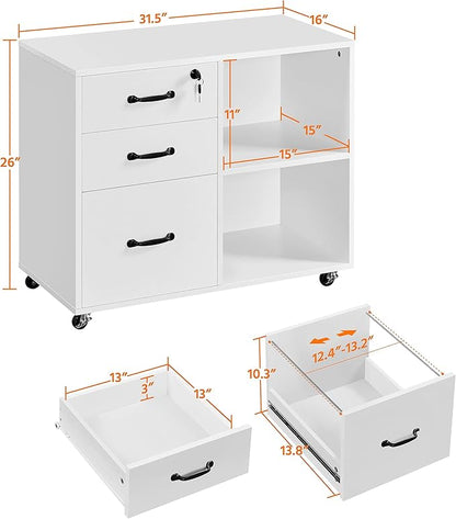 Yaheetech File Cabinet Mobile Letter Size File Organization Unit Mobile Lateral Filing Cabinet Printer Stand for Home and Office,White