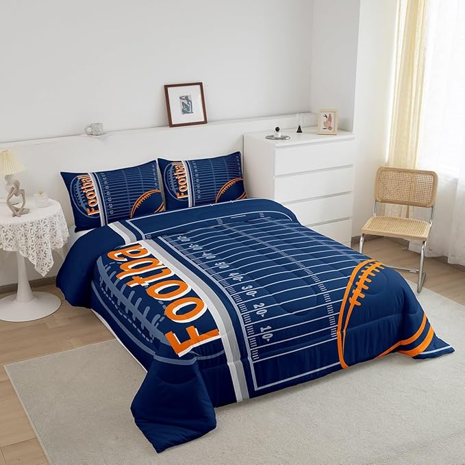 Feelyou Football Bedding Set Full Size Rugby Sports Comforter Set for Kids Boys Girls Decor Soccer Ball Game Comforter Microfiber American Football Duvet Set Bedroom Quilt Set