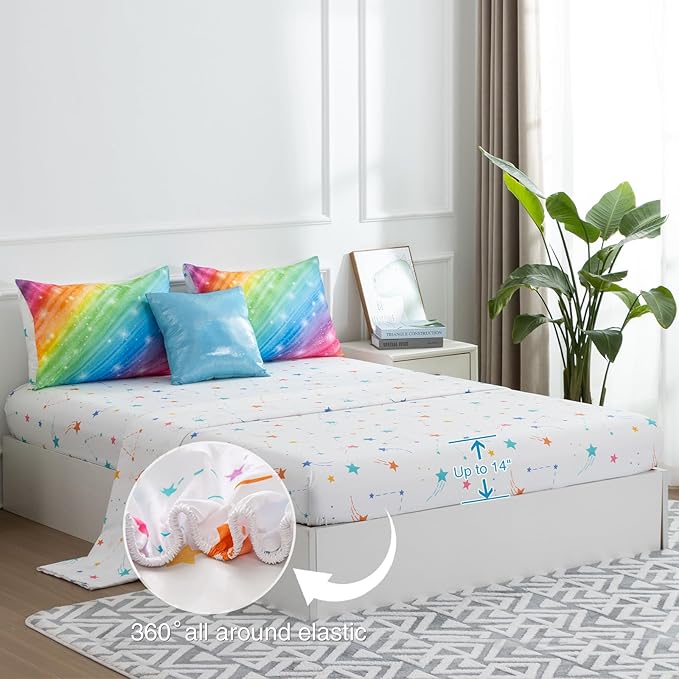 Btargot Super Soft 6 Pieces Gradient Star Ring Comforter Set, Colorful Glitter Rainbow Star Pattern Bedding Set for Boys Girls Teens,Queen Multicolor