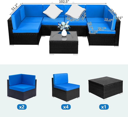 Outvita OutdoorRattan Conversation Set, 7 Pieces PE Rattan Sofa Wicker Patio Furniture Sets with Waterproof Soft Cushion for Backyard Porch Garden Poolside (Black & Blue)