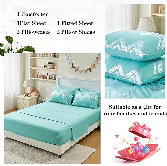 Wowelife 7 Pieces Comforter Set King Size Teal Silver Bedding Set Glitter Kids Bedding Set Blue Bed in a Bag Girls with Comforter, Flat Sheet, Fitted Sheet, 2 Pillow Shams and 2 Pillowcases