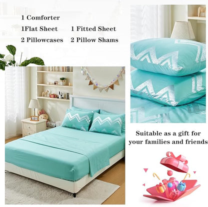 Wowelife 7 Pieces Comforter Set King Size Teal Silver Bedding Set Glitter Kids Bedding Set Blue Bed in a Bag Girls with Comforter, Flat Sheet, Fitted Sheet, 2 Pillow Shams and 2 Pillowcases