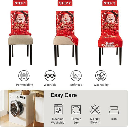 4PCS Christmas Dining Chair Covers Stretch Removable Washable Dining Room Chair Protector Slipcover 3D Print Santa Claus Deer Kitchen Chair Cover Slipcovers Protector for Xmas Holiday Party Home Décor