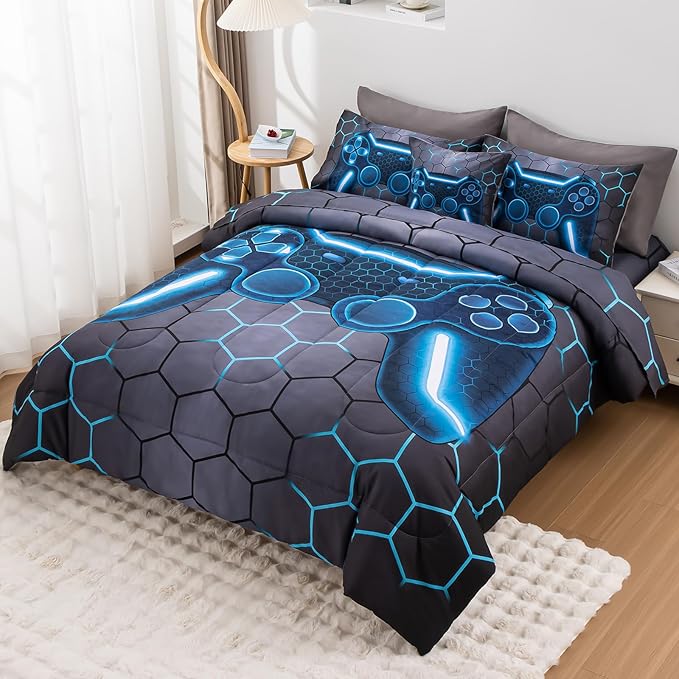 8Pcs Game Console Comforter Set with Sheets for Boys Girls Kids Teens, Geometric Gaming Themed Bed in A Bag Twin Size, Blue 3D Video Gamer Controller Bedroom Decor Bedding Set-Blue