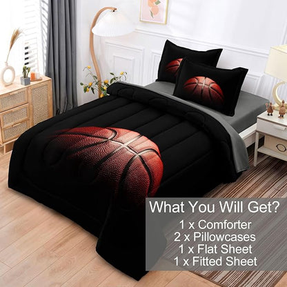 Teenage Boy Bedding Sets Full Size 5 Pieces Basketball Comforter Set for Boys Bed in a Bag Set, Basketball Bedding Full, Red Black