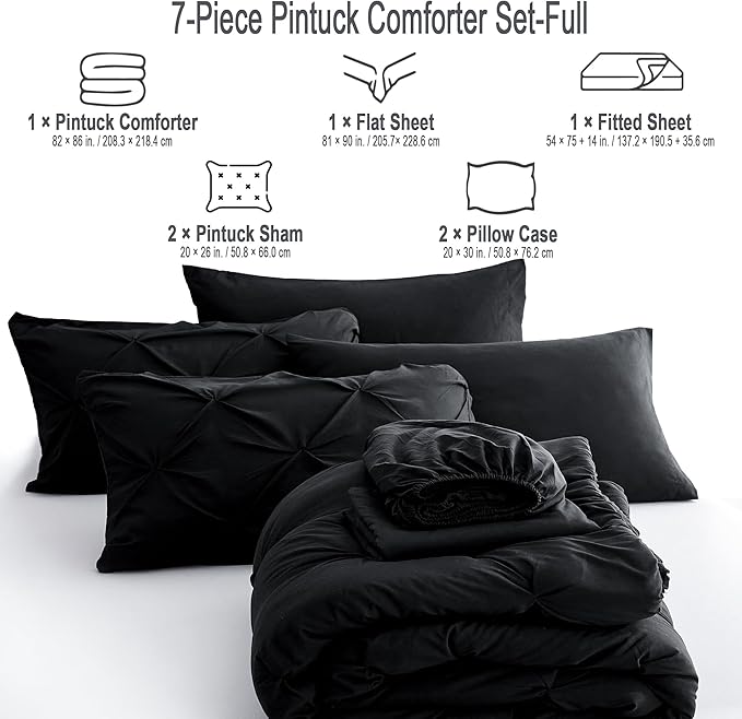 Ubauba 7pc Full Size Comforter Set with Sheets, Pinched Pleat 7 Piece Bed in a Bag Black Bed Set with Comforter, All Season Pintuck Bedding Sets (Black,Full)