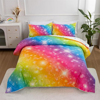 Holawakaka Girls Ombre Glitter Comforter Set, Twin Size Gradient Rainbow Galaxy Print Kids Bedding Sets, Multi-Color Ultra-Soft Dorm Bed Set (Multi-color,Twin)
