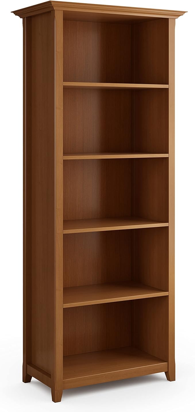 SIMPLIHOME Amherst SOLID WOOD 30 Inch Transitional 5 Shelf Bookcase in Light Golden Brown, For the Living Room, Study Room and Office
