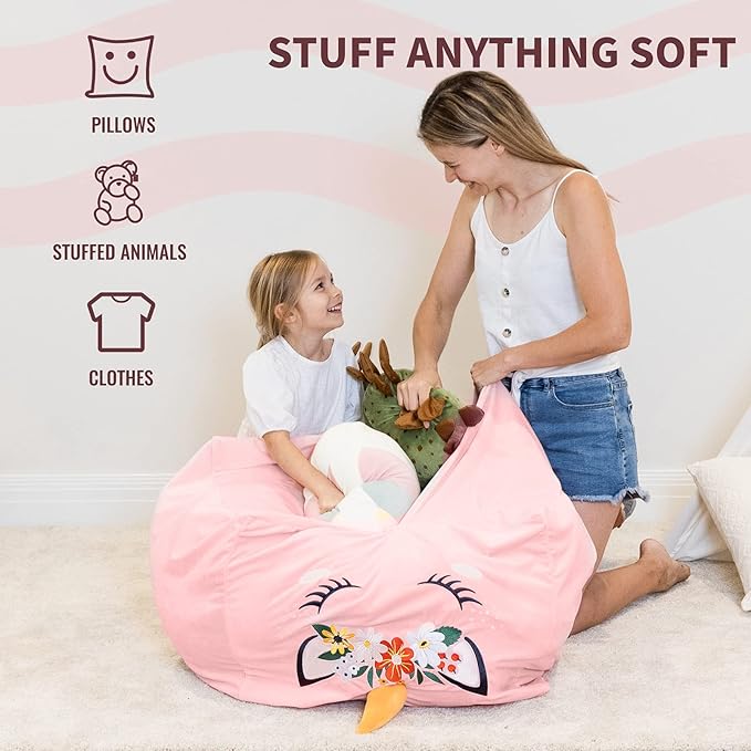 Aubliss Unicorn Stuffed Animal Storage Bean Bag Chair for Kids, Velvet Extra Soft Beanbag Chairs Cover, X-Large Stuffable Zipper Bean Bag for Organizing Plush Toys Girls Bedroom Decor, Pink Floral