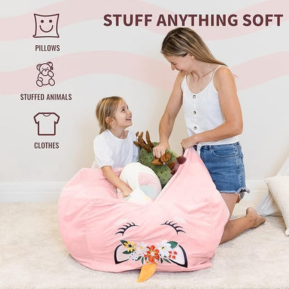 Aubliss Unicorn Stuffed Animal Storage Bean Bag Chair for Kids, Velvet Extra Soft Beanbag Chairs Cover, X-Large Stuffable Zipper Bean Bag for Organizing Plush Toys Girls Bedroom Decor, Pink Floral