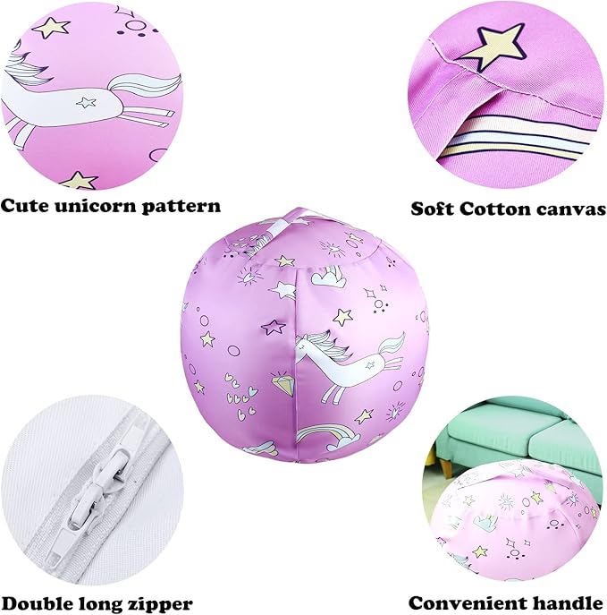 Stuffed Animal Storage Bean Bag Chairs Toy Storage Organizer Bean Bags Chair Covers Only for Kids 24" Beanbag with Zipper for Organizing Kid's and Adults Room, Pink White Unicorn