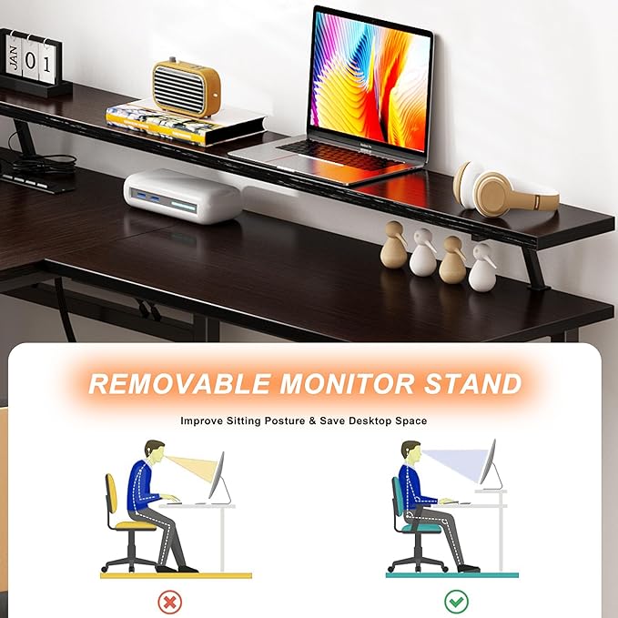DlandHome Reversible L-Shaped Desk with Monitor Stand,LED Lighting Computer Desk with Power Outlets,Home Office Table Computer Workstation, Black