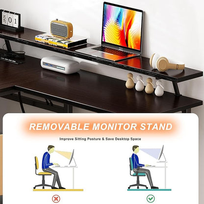 DlandHome Reversible L-Shaped Desk with Monitor Stand,LED Lighting Computer Desk with Power Outlets,Home Office Table Computer Workstation, Black