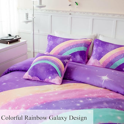6 Pcs Kids Comforter Set Queen Size for Girls, 3D Colorful Rainbow Galaxy Bed in A Bag, Gradient Purple Glitter Bedding Comforter Collection for All Season