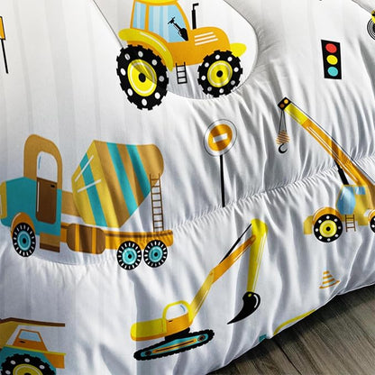 Axolotl Yellow Excavator Comforter Set Full Size,Cartoon Excavator Bedding Set,Kids Machinery Truck Comforte Set,White Stripe Bedding Vehicle Car Decor for Kids Boys Teens,1 Quilt 2 Pillowcases