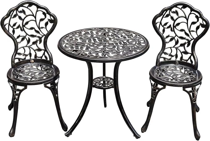 Patio Bistro Set.Rust-Resistant Cast Aluminum Bistro Table Set with Umbrella Hole for Backyard (Leaf DESIGNCOPPER)