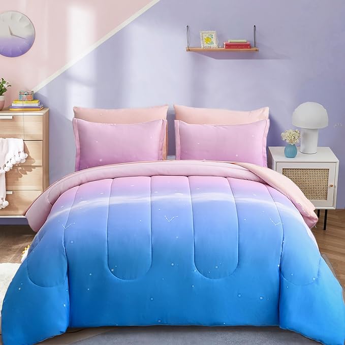 Dinjoy Girls Comforter Set Twin XL Size Colorful Rainbow Ombre Pink Blue Bedding Set Gradient 6 Pieces Bed in A Bag for Kids Teen Girl Women(1 Comforter, 1 Flat Sheet, 1 Fitted Sheet)
