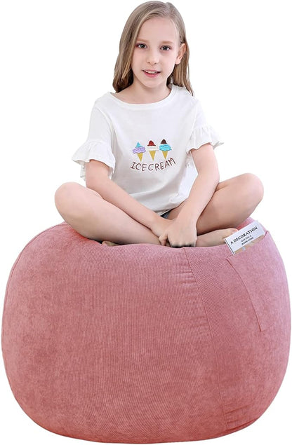 Stuffed Animal Storage Bean Bag Chair Cover (No Filler) for Kids and Adults.Soft Premium Corduroy Stuffable Beanbag for Organizing Children Plush Toys or Memory Foam Small 100L (Pink)