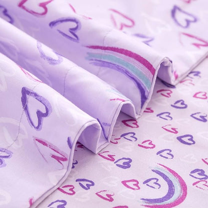 Mooreeke Twin Size Comforter Sets for Girls Kids, 6 Pieces Bed in a Bag Purple Love Rainbow Bedding Comforter Sheet Set with Shams and Decorative Toy Pillow, Ultral Soft Microfiber Kids Bed Set