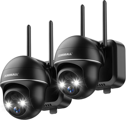 ZUMIMALL Security Cameras Wireless Outdoor - 2 Packs, 2.4G WiFi Battery Powered Cameras for Home Security, 360° View, Spotlight & Siren/PIR Detection/3MP Color Night Vision/2-Way Talk/IP66/Cloud