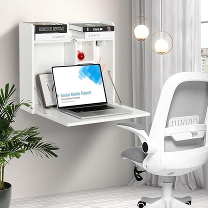 YUSING Wall Mounted Table, Multifunctional Fold Down Wall Mounted Laptop Computer Desk with Storage Compartments for Home, Office, White
