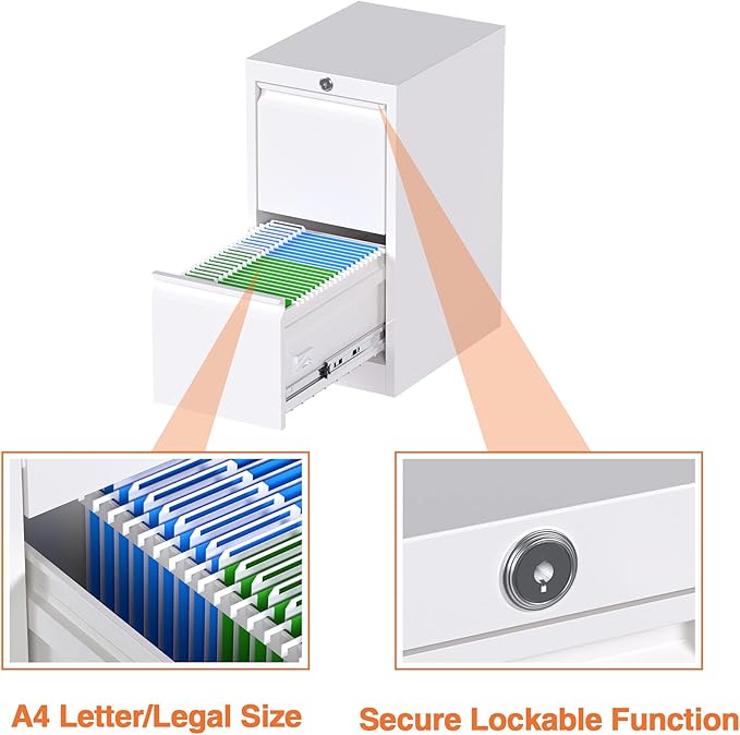 2 Drawers Vertical File Cabinet, Metal Lockable Filing Cabinet, Office File Storage Cabinet for A4 Letter/Legal Size, Assembly Required (White)