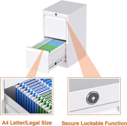 2 Drawers Vertical File Cabinet, Metal Lockable Filing Cabinet, Office File Storage Cabinet for A4 Letter/Legal Size, Assembly Required (White)