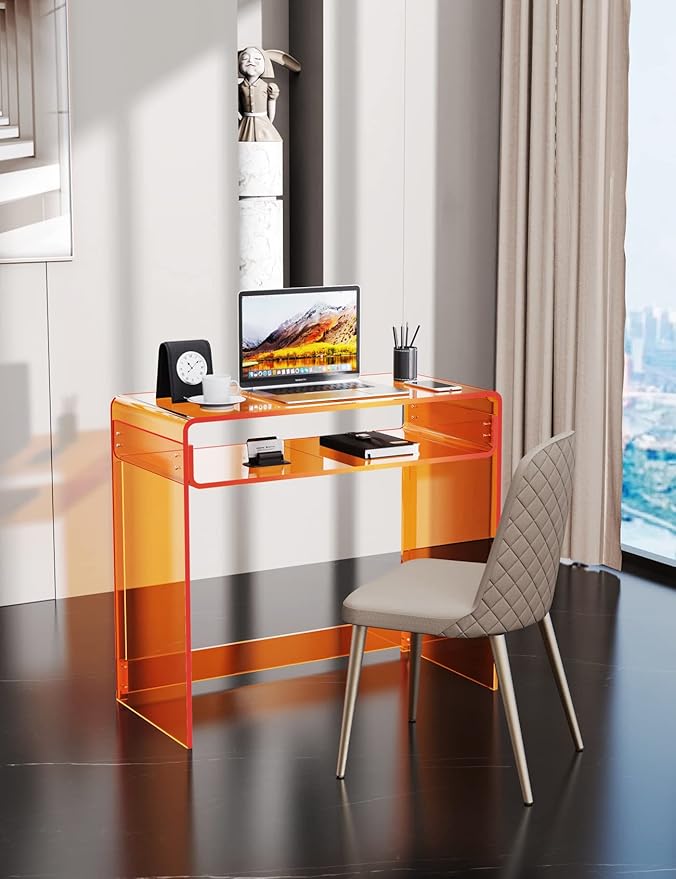 Acrylic Desk Laptop Workstation Study Table Home Office Console Table Entrance Table Decor (Orange)