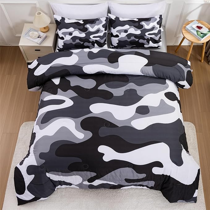 Meeting Story Camouflage Bedding Set, Colorful Pattern Style Comforter Set, 3 PCS One Comforter Two Pillowcases in One Bag, All Season Bedspread for Teens Adults (Grey,Full