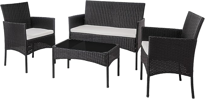 Shintenchi 4 Piece Outdoor Patio Furniture Sets, Small Wicker Patio Conversation Furniture Rattan Chair Set with Tempered Glass Coffee Table for Backyard Porch Garden Poolside Balcony
