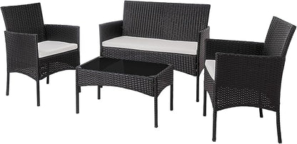 Shintenchi 4 Piece Outdoor Patio Furniture Sets, Small Wicker Patio Conversation Furniture Rattan Chair Set with Tempered Glass Coffee Table for Backyard Porch Garden Poolside Balcony