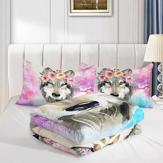 Wolf Comforter Set Tie Dye Wolf Bedding Set for Kids Teens Room Decor Romantic Pink Rose Wild Animals Comforter with 2 Pillowcases