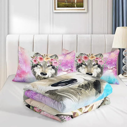 Wolf Comforter Set Tie Dye Wolf Bedding Set for Kids Teens Room Decor Romantic Pink Rose Wild Animals Comforter with 2 Pillowcases