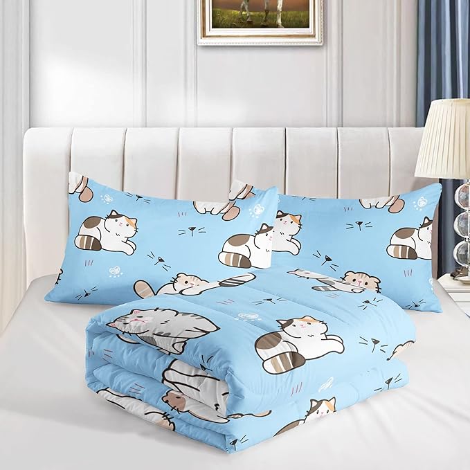Datura home Blue Kawaii Cat Comforter Bedding Set for Girls Lovely Kitten Print Cute Animal Pattern with 1 and 2 Pillowcases Bedroom All Season(Cat Full), Full 80x90inches
