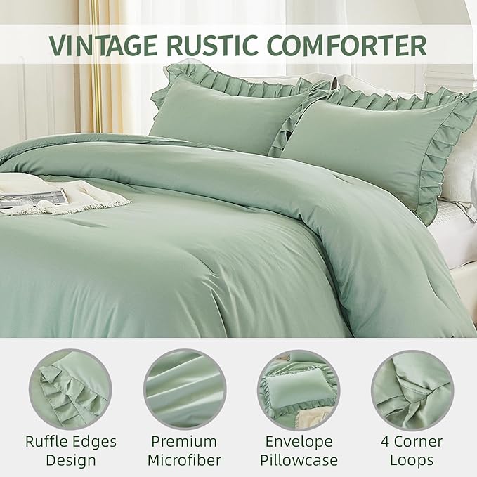 Andency Queen Size Comforter Set, Sage Green Ruffle Bedding Set, 3 Pieces Boho Comforter for Queen Bed, Farmhouse Ruffle Bed Comforter Set, Lightweight and Soft Bedding Comforter for All Seasons