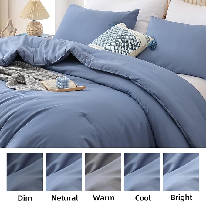 ROSGONIA King Size Comforter Set Slate Blue, 3pcs(1 Boho Comforter & 2 Pillowcases) Soft Lightweight Bedding Blanket All Season Bedspreads Quilt