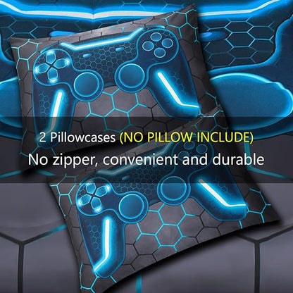 6Pcs Game Console Comforter Set with Sheets for Boys Girls Kids Teens, Geometric Gaming Themed Bed in A Bag Twin Size, Blue 3D Video Gamer Controller Bedroom Decor Bedding Set
