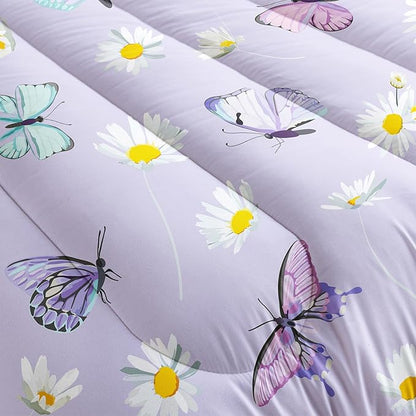 Butterfly Comforter Set for Kids Teens Girls Women,Daisy Kids Comforter,1 Comforter with 2 Pillowcase, Microfiber 3 Piece Bedding Set,for All Seasons(Purple，Twin Size)