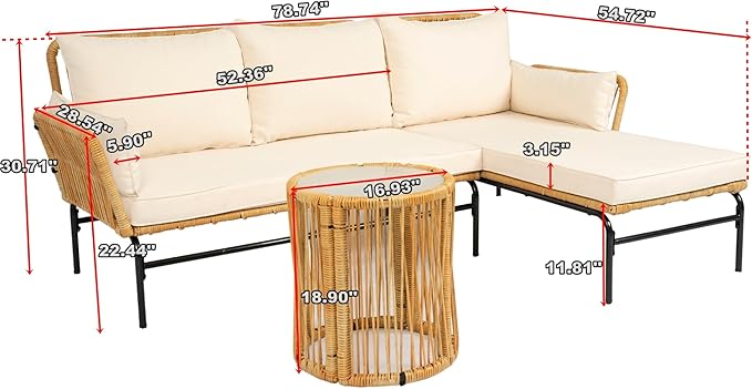 3-Piece Outdoor PE Rattan Furniture Set, Patio Wicker Conversation Loveseat Sofa Sectional Couch with Thick Cushion for Backyard, Deck, Poolside, Zn-Light Yellow