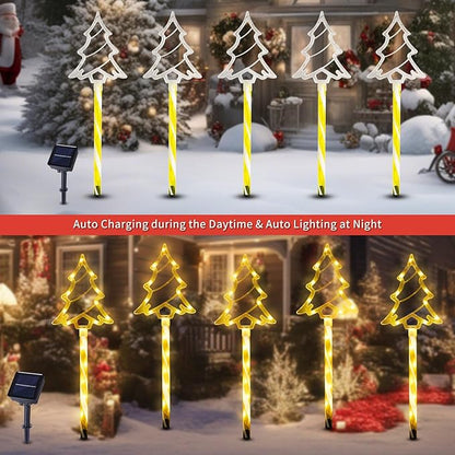 Solar Christmas Pathway Lights Outdoor Decorations, 8 Modes Xmas Tree Candy Lights Waterproof Led Garden Stake Lights for Walkway Yard Lawn Porch Holiday Decor 5-Pack (Warm White Xmas Tree Lights)