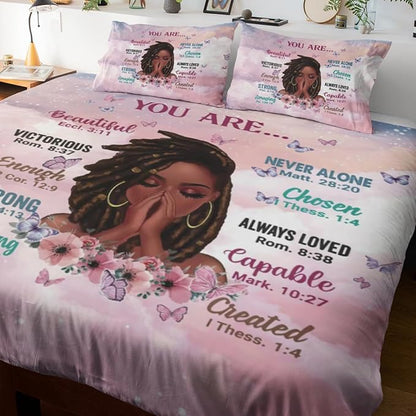 Kids Comforter Sets Queen Size, Prayer Girl and African American Girl Inspirational Quotes with Floral Butterfly, Teens Bedding Sets for Girls Women (Queen, Pink White)