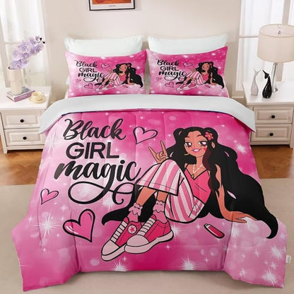 Black Girl Comforter Set Queen for Kids,Black Girl Magic Bedding Set,Cuet Black Princess Girl Comforter Black Queen Melanin Bedroom Bed Set