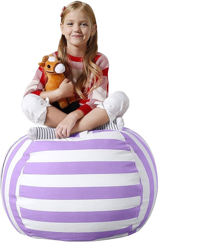 Aubliss Stuffed Animal Bean Bag Storage Chair (Purple/White Striped, Medium (32''))