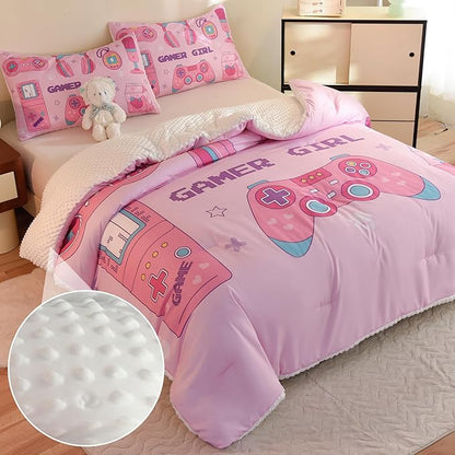 Video Game Queen Size Comforter Set for Girls Kids Teens 3D Gaming Controller Pattern Gamepad Print Bedding Set- 3 Piece Pink Quilt with 2 Pillowcases (90"x90")