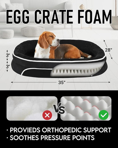 OhGeni Orthopedic Dog Bed Couch for Large Sized Pets with Egg Foam Support, Four-Sided Bolster Cushions, Soft Tear-Resistant Fabric, and Removable Machine Washable Plush Cover 35-Inch (Black)