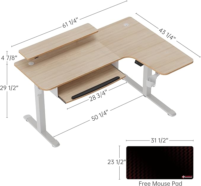 EUREKA ERGONOMIC Standing Desk Adjustable Height 61" Electric Sit Stand Computer Desk L Shaped with Keyboard Tray,Monitor Stand &LED, Dual Motor Memory Presets Sit to Desk Adjustable Desk, Right/Maple