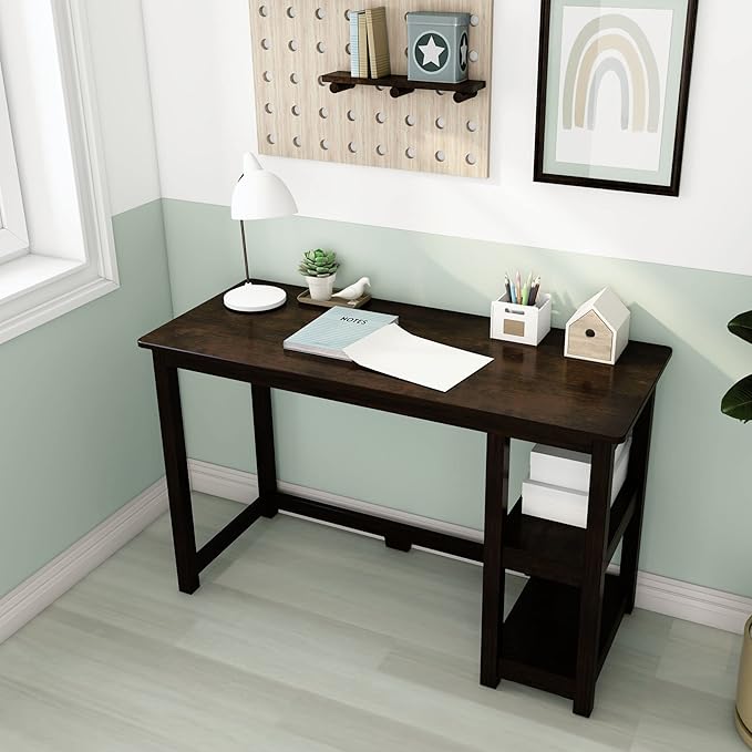 Max & Lily Solid Wood Desk With Shelves, 47 Inches, Espresso