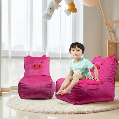 Bean Bag Chair for Kids, Cute Pig L-Shape Animal Bean Bag Sofa with Top Handles and Side Pockets, Cute Soft and Comfy Bean Bag Chair with Filler Included, Ages 1+ Children's Day Gifts